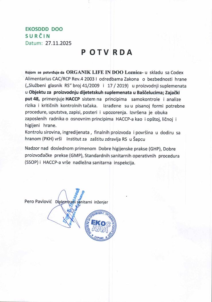 Potvrda o HACCP, GMP i GHP proizvodnji